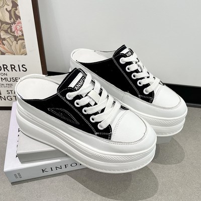 厚底半拖帆布鞋女春夏包头无后跟内增高外穿一P脚蹬懒人鞋松糕拖