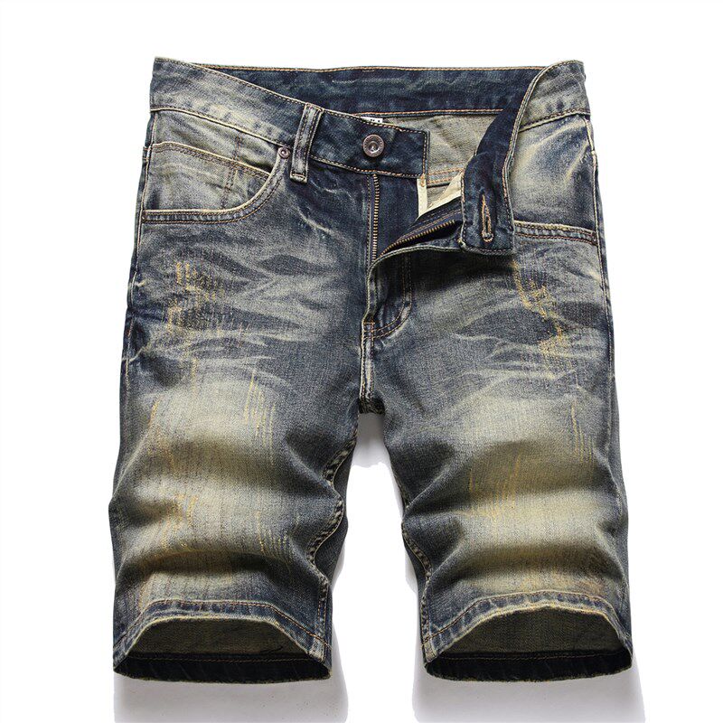 夏季复古做旧牛仔短裤男修身直筒弹力五分裤青少年潮牌怀旧中裤子