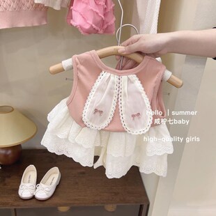 韩版 新款 森系小宝宝上衣 恤背心夏H装 女童洋气可爱兔耳朵无袖