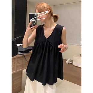 娃娃衫 吊带背心女夏外穿遮肚子法式 雪纺上 胖MM黑色i宽边无袖 大码
