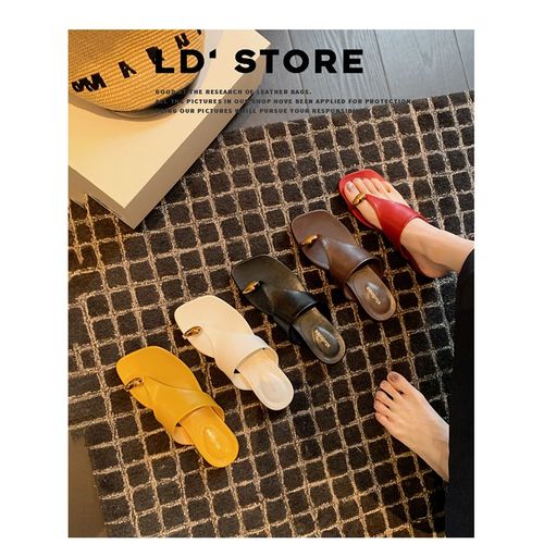 羊皮版~c法式方头套趾人字拖鞋女夏季外穿配裙子度假风粗高跟凉鞋