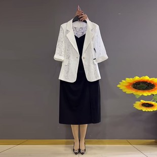 蕾丝西服外 e背心打底裙子胖妹妹气质通勤风翻领短袖 加肥大码 女装