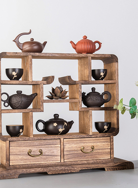 小博古架实木中式迷你桌面摆件紫砂F壶展示架多宝阁茶具架子置物