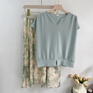 裙时尚 套h装 两件套裙子中年女装 印花连衣裙短袖 新款 T恤衫 妈妈夏季