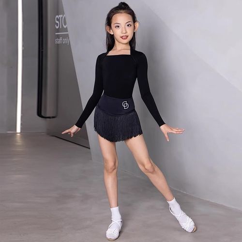2025拉c丁舞新季女童方领长袖上衣优雅流苏裙分体套装艺考服练功
