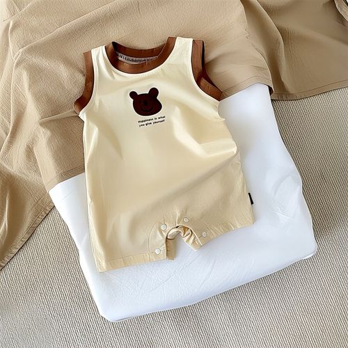 连体衣潮宝宝爬服外出衣夏季男小童哈婴儿背心衣卡通X印花儿童连