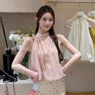 宽松外穿设计感小众甜美气质露肩上 挂脖吊带背心女s夏季 法式 无袖