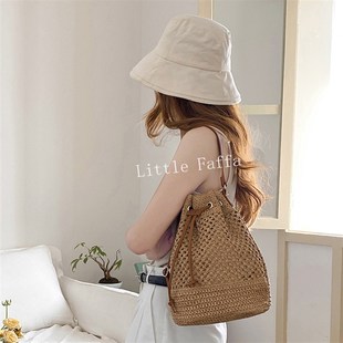 抽绳单肩草编f水桶包手工编织包包女文艺复古韩版 旅行外出百搭小