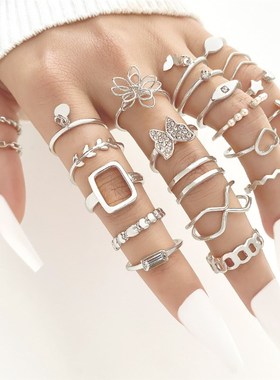 冷淡风不规则链条珍珠戒指女小众设计复古法O式食指戒套装开口指