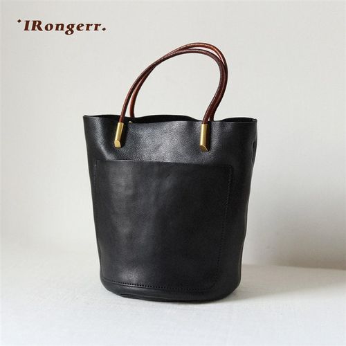 荣轻复古手工小水桶包黑色植鞣牛皮通勤手提包P质感简约斜挎女包