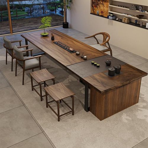 实木茶桌c椅组合茶室带茶盘烧水壶嵌入式酒店大堂办公茶台一体两