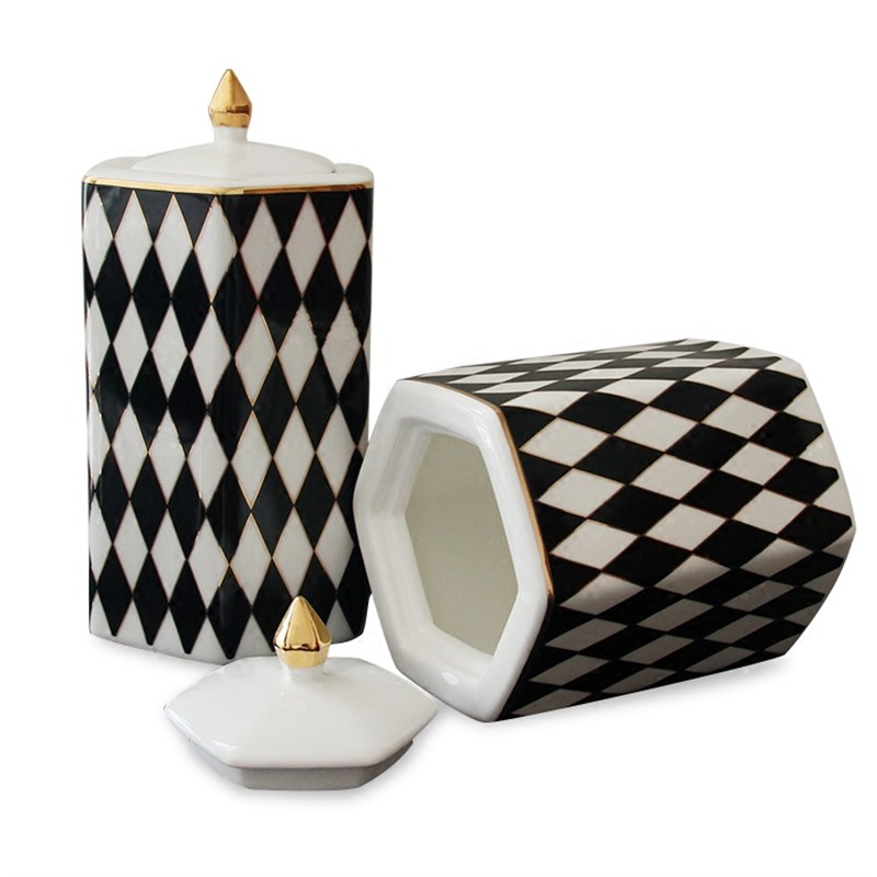 现代简约糖罐陶瓷罐摆件黑白格样板房储物罐样板间欧式创意糖果罐