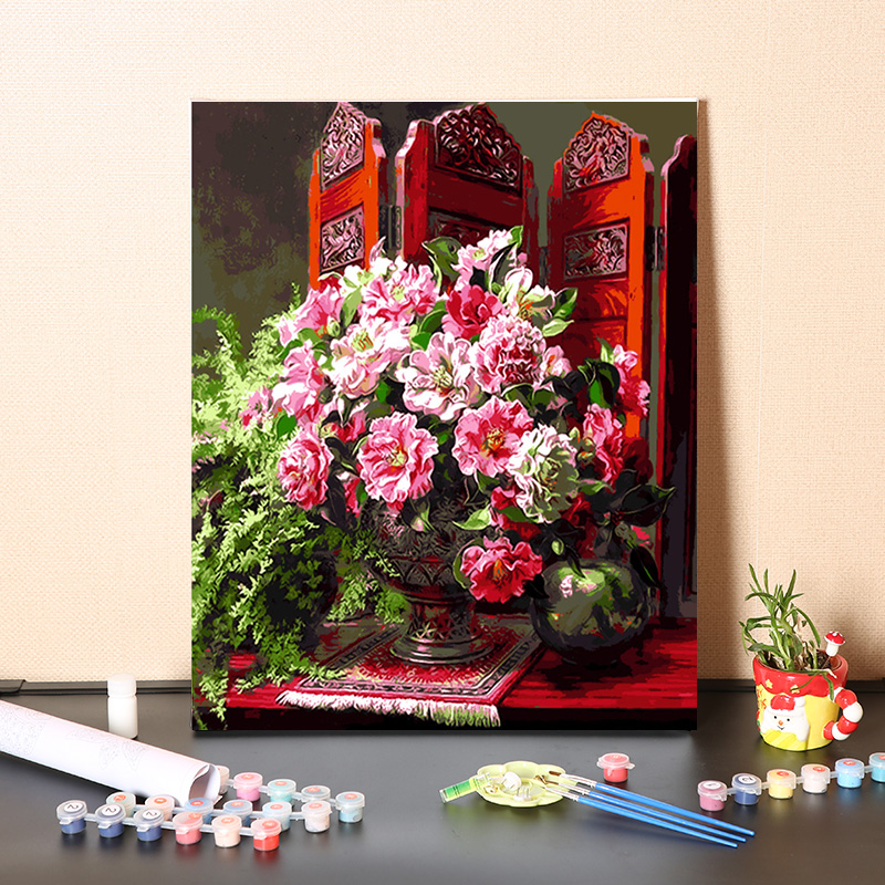 数字油画diy手工填充中式复古高贵屏风K花卉客厅装饰丙烯油彩画画图片