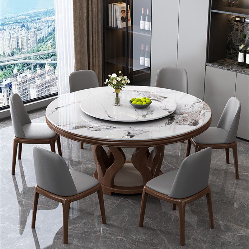实木轻奢岩板餐桌椅组合现代简约小户型圆形家用圆桌带转盘饭桌子