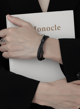 手链男士高级感黑色皮质编织双层手绳复古百搭男生简约设计感手环