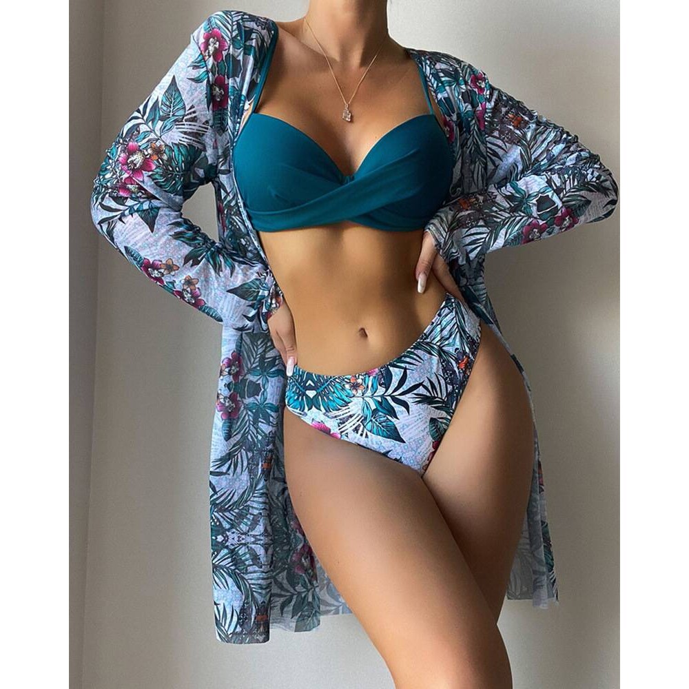 2023新款bikini欧美跨境泳衣三件套网纱披肩罩衫分体印花比基尼