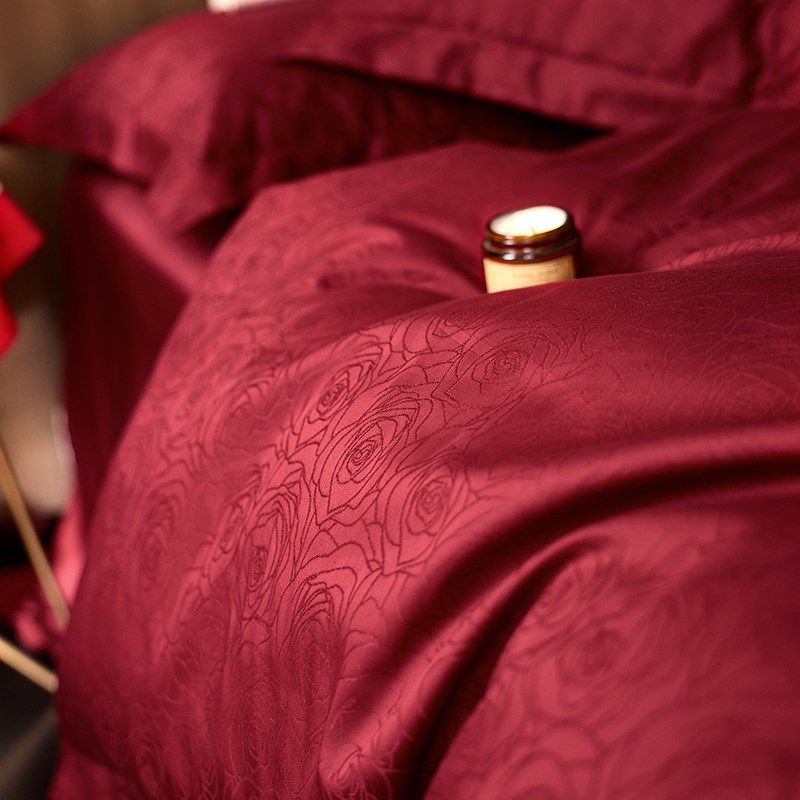 酒红色婚庆100支长绒棉四件套C全棉提花结婚床单被套床上用品8,床上用品,婚庆床品套件,淘宝优惠券,粉丝福利购,淘宝优惠卷
