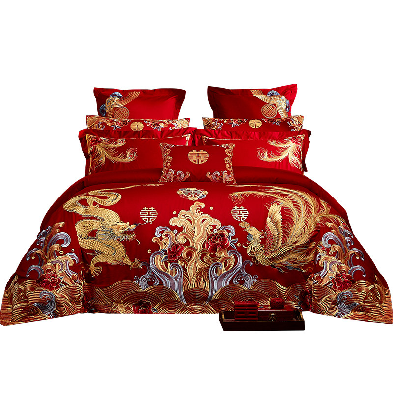 婚庆四件套d大红全棉100支长绒棉刺绣龙凤结婚房嫁喜庆被床上用品,床上用品,婚庆床品套件,淘宝优惠券,粉丝福利购,淘宝优惠卷