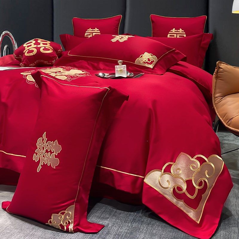 简约婚庆四d件套全棉喜被大红色刺绣被套结婚嫁礼床上用品,床上用品,婚庆床品套件,淘宝优惠券,粉丝福利购,淘宝优惠卷