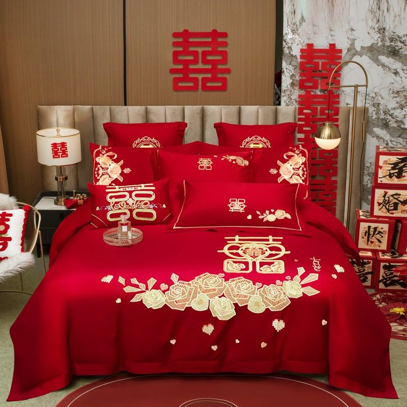 100支婚庆四件套大红新结婚房嫁礼全I棉床上用品刺绣龙凤喜被4,床上用品,婚庆床品套件,淘宝优惠券,粉丝福利购,淘宝优惠卷