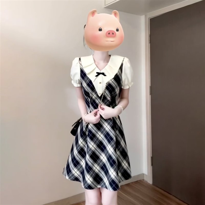 学院风气质假两件格子连衣裙子女2025新款夏季收腰泡泡袖显瘦裙子