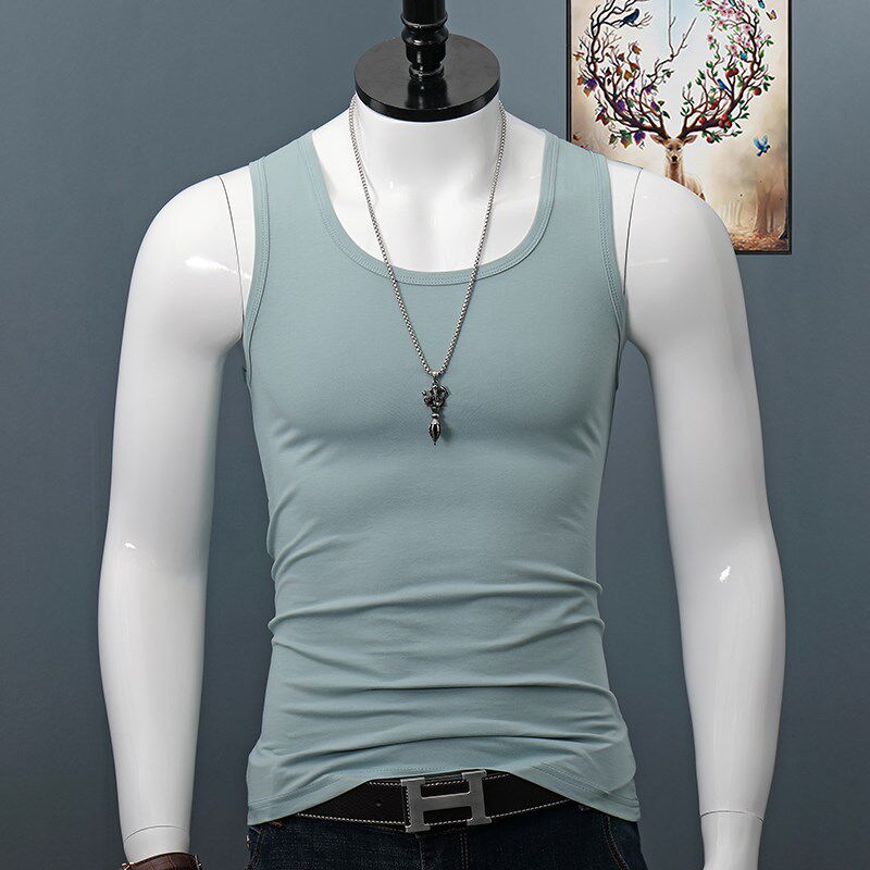 纯棉宽肩背心男士夏季纯色修身透气大码打底汗衫韩版运动健身上衣