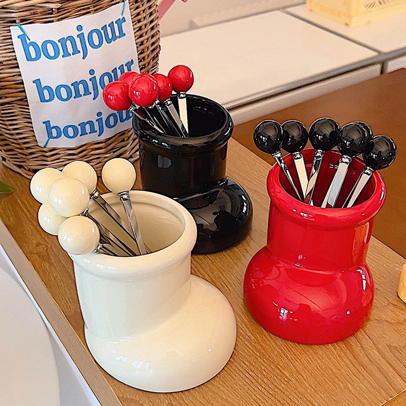 高颜值水果叉套装创意鞋子陶瓷叉勺收纳罐不锈钢小叉子甜品蛋糕叉,餐饮具,水果叉/水果签,淘宝优惠券,粉丝福利购,淘宝优惠卷