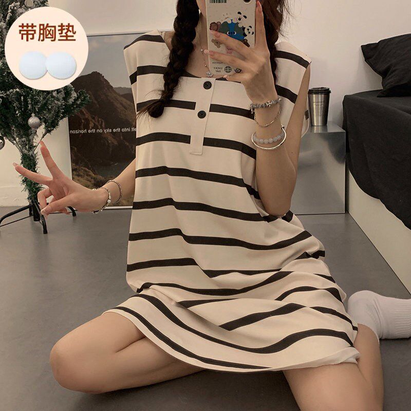 带胸垫一体背心睡裙女夏季棉柔薄款无袖吊带条纹睡衣防凸点家居服