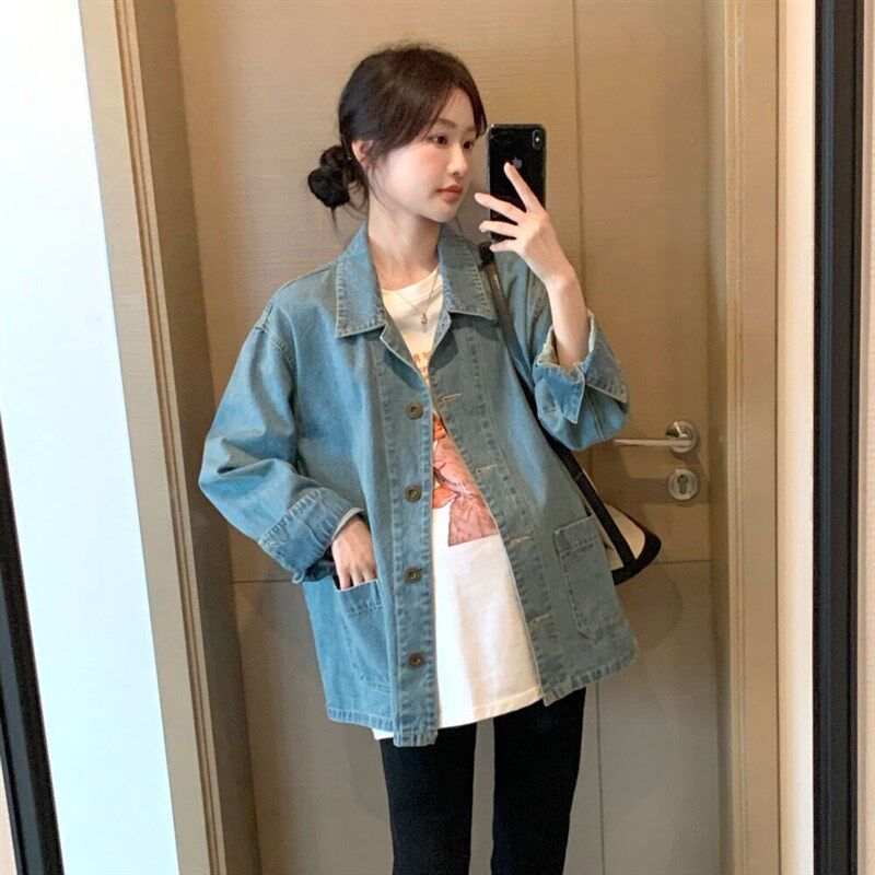 孕妇装新款春夏装韩版翻领长袖牛仔衬衫洋气宽松大码复古牛仔外套
