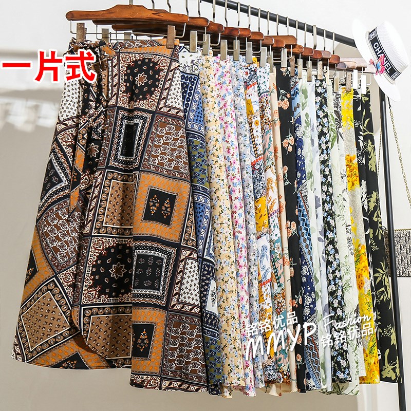 复古雪纺碎花半身裙女夏季2024新款一片式绑带花裙子裹裙半裙长裙