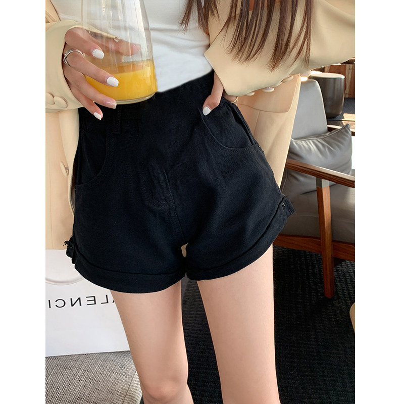 孕妇牛仔短裤女春夏外穿薄款托腹时尚休闲宽松阔腿裤黑色卷边热裤