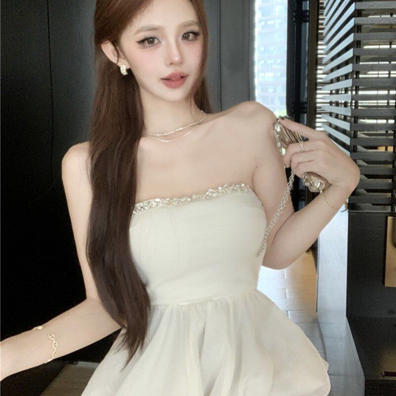 纯欲高级感镶钻抹胸背心外穿女夏季新款裙摆式修身辣妹上衣