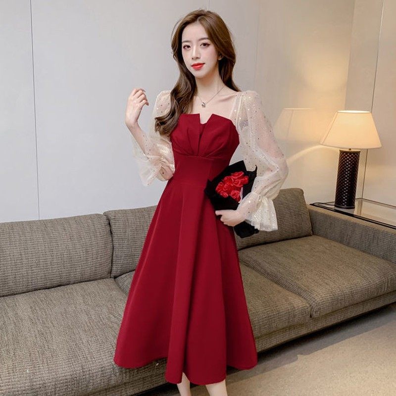 敬酒服新娘秋季2021新款酒红色订婚结婚回门小礼服连衣裙日常可穿