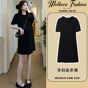 孕妇连衣裙黑色圆领薄款短袖韩版时尚宽松小个子中长款2025新款夏