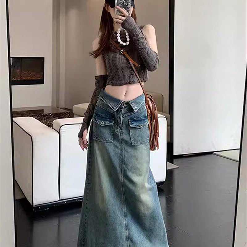 大码女装胖mm复古高腰牛仔鱼尾半身裙女春夏气质显瘦百搭中长裙子