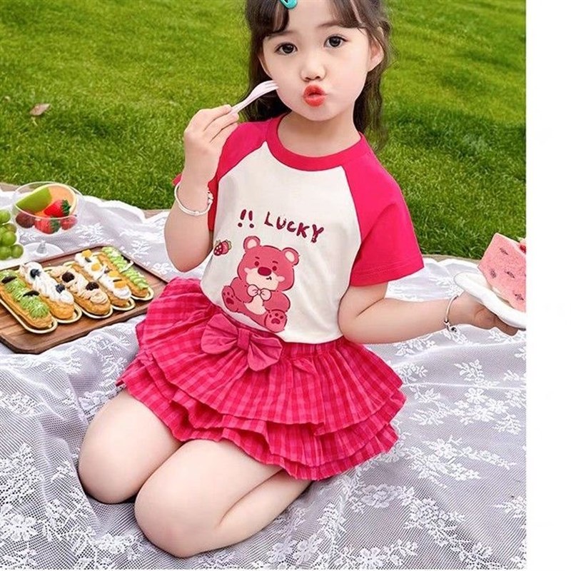 女童草莓熊套装夏季2025新款儿童女宝宝夏装洋气时髦蛋糕裙两件套