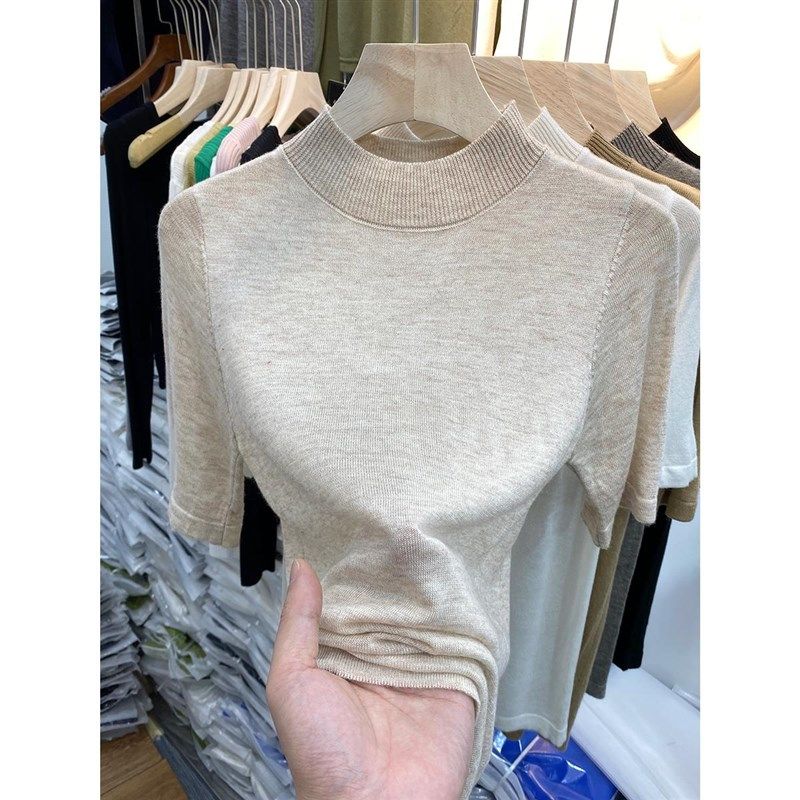 软糯不起球中袖针织衫女春秋薄款修身半高领T恤百搭五分袖上衣