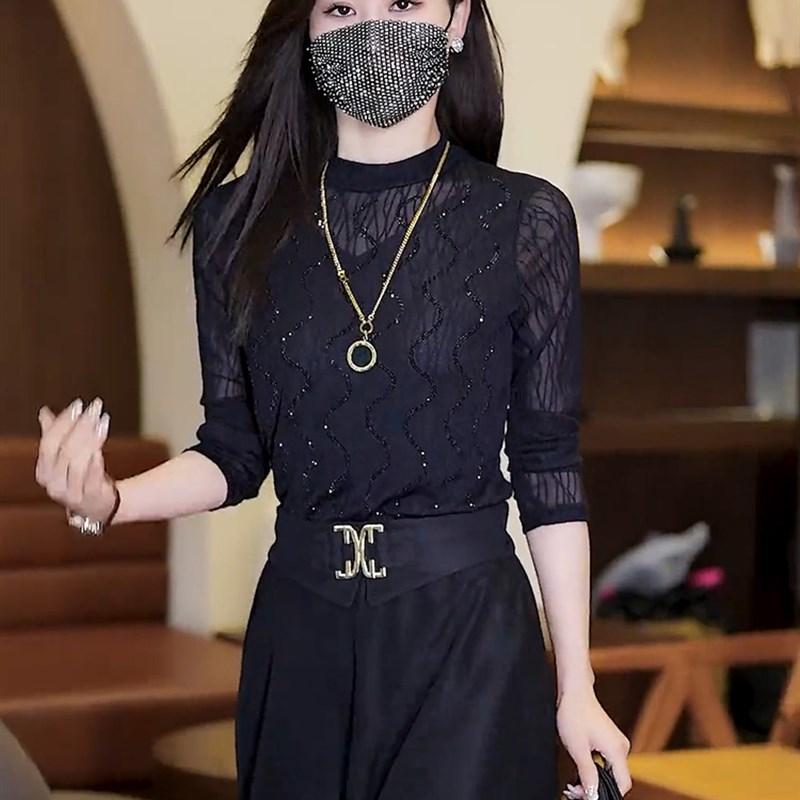 黑色半高领蕾丝打底衫女春秋修身内搭网纱t恤洋气百搭长袖上衣