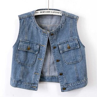 港风时尚圆领牛仔马甲背心女短款2025春夏无袖显瘦坎肩外搭配裙子