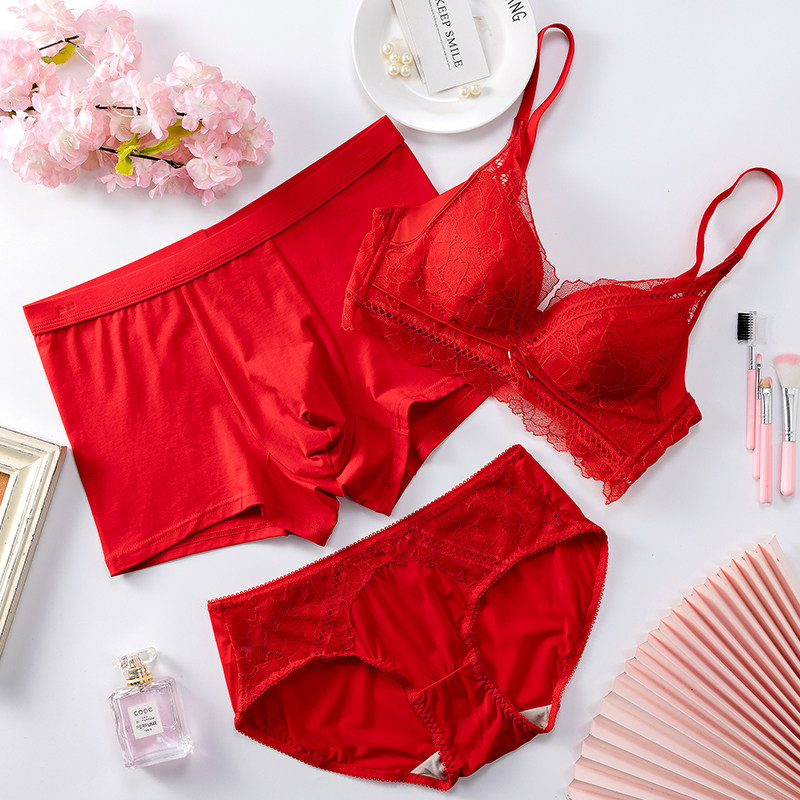 纯棉大红色本命年情侣内衣套装三件套带文胸O胸罩结婚新婚情侣内