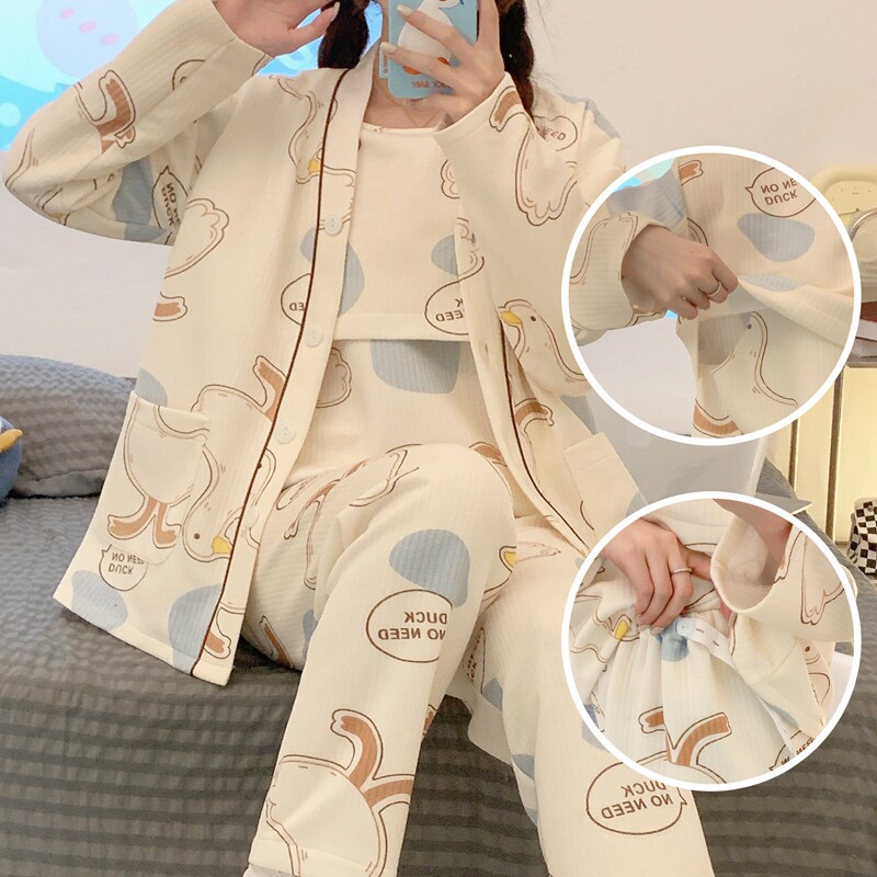 三件套空气棉孕妇装秋冬款产妇月子服纯棉产后哺乳期母乳喂奶睡衣