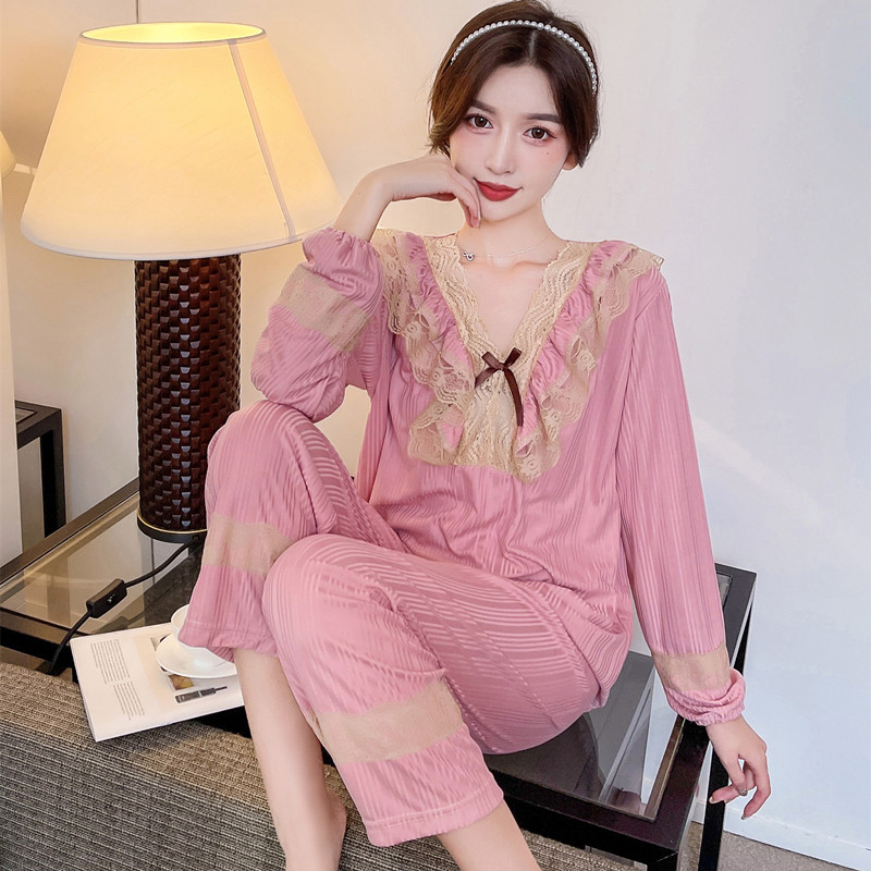 睡衣秋季女款长袖纯棉2024年新款网红爆款两件套装春秋季蕾丝豆沙