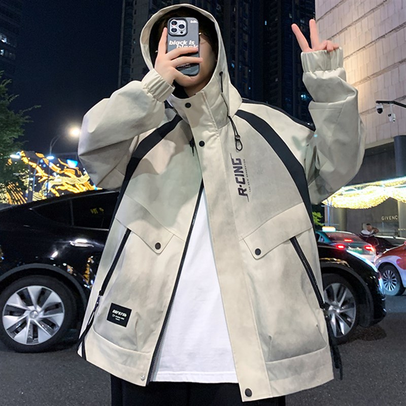 春秋季新款外套男孩青少年帅气夹克大童初高中学生冲锋衣男装连帽