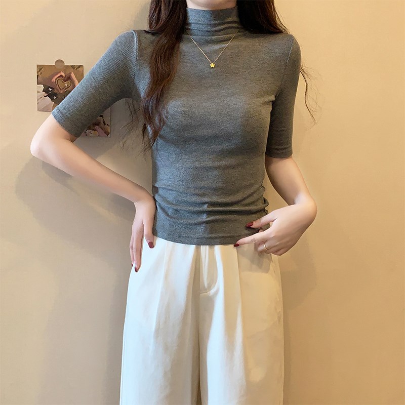 灰色半高领中袖打底衫女2024新款春秋冬针织修身内搭五七分袖上衣
