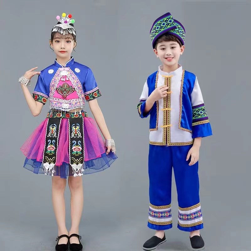 儿童演出服少数民族服装广西三月三壮族苗族瑶族舞蹈表演壮锦服饰图片