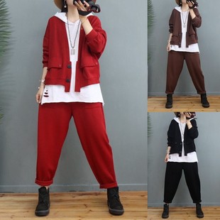 时尚外套哈伦裤两件套女2021秋冬新款宽松显瘦减龄棉质休闲套装潮