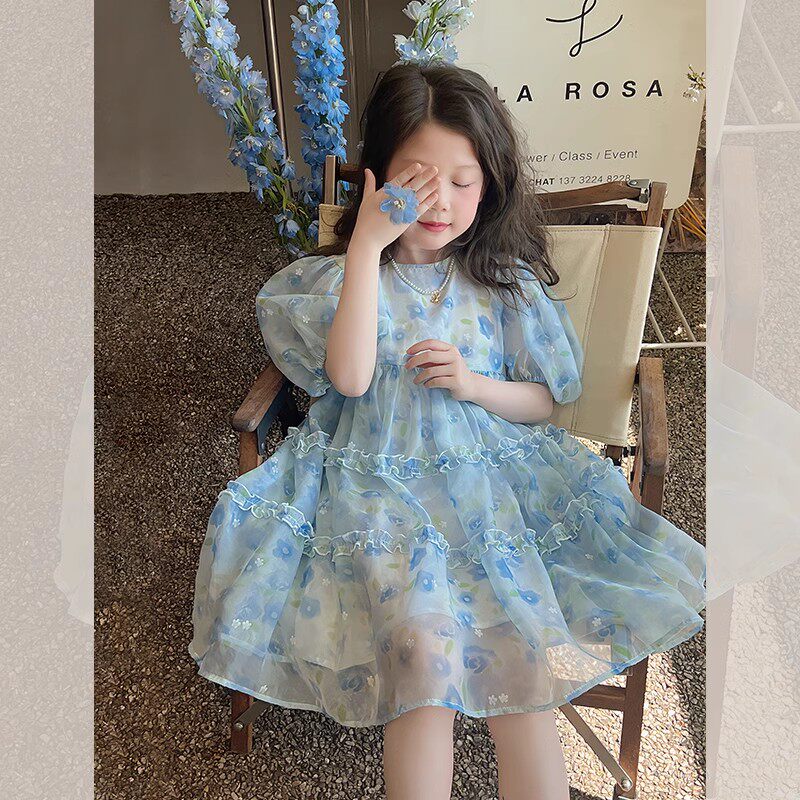 女童网纱连衣裙子儿童洋气女孩短袖碎花公主裙大童装2025夏装新款