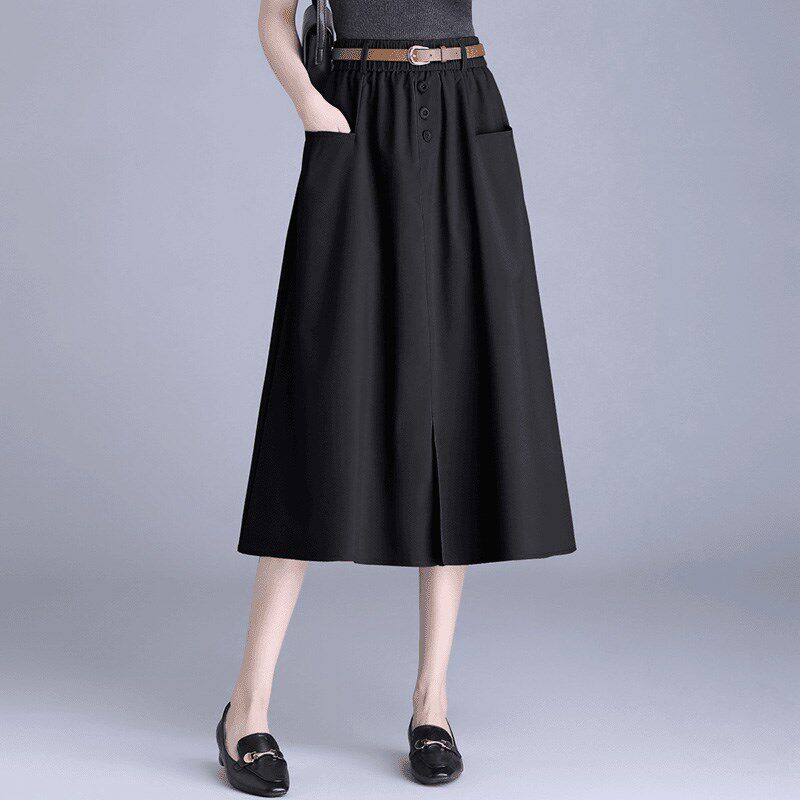 2024新款休闲半身裙女春夏季高腰中长款A字裙胖mm修身显瘦伞裙子