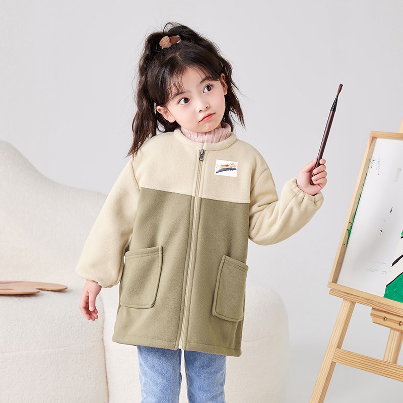 女童罩衣摇粒绒秋冬棉衣羽绒服长袖拉链外穿防脏罩衫学生吃饭围兜