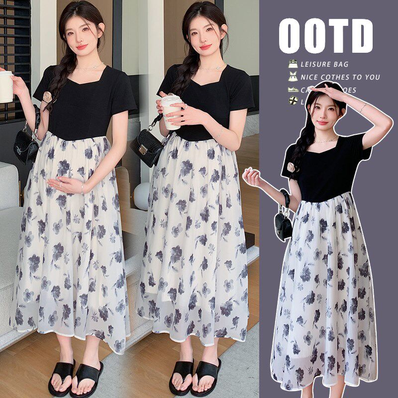 大码孕妇装裙子夏季小清新温柔甜美拼接碎花潮妈短袖连衣裙200斤